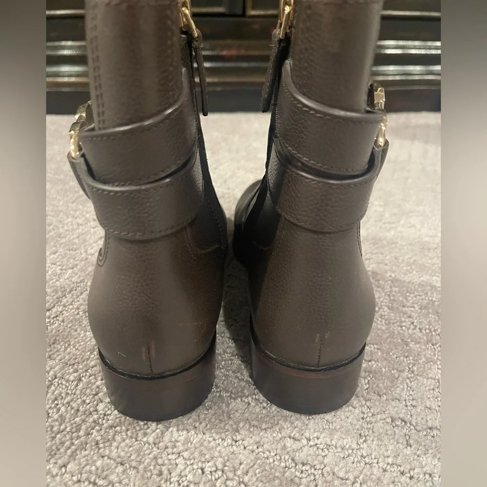 Tori Burch Gemini Link Chocolate Brown Leather Ankle Boots, 1.25” Heel, 6.5 M